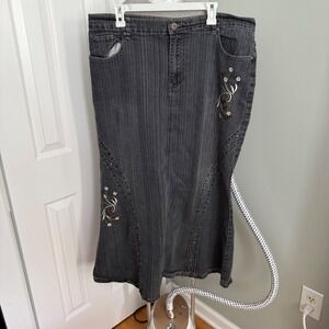 CAL Fashion Denim Maxi Skirt 40 Gray Embroidered Rhinestone Y2K Boho Western